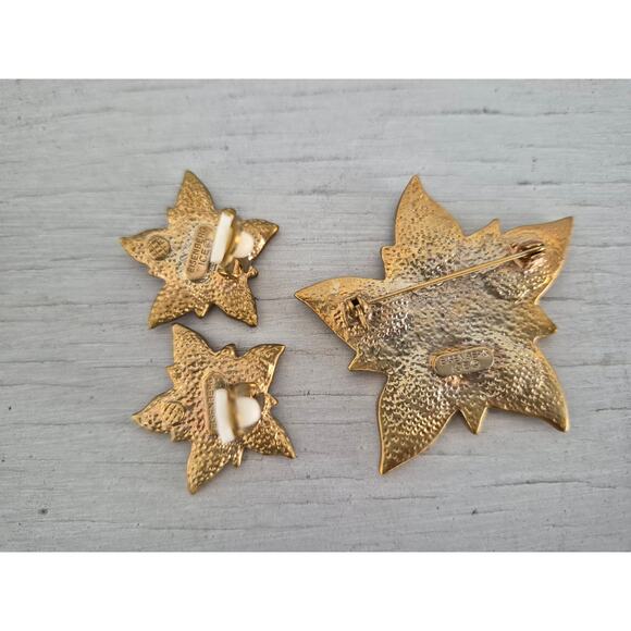 Eisenberg Ice Poinsettia Red Enamel Holiday Brooch & Earring Set - Picture 3 of 6